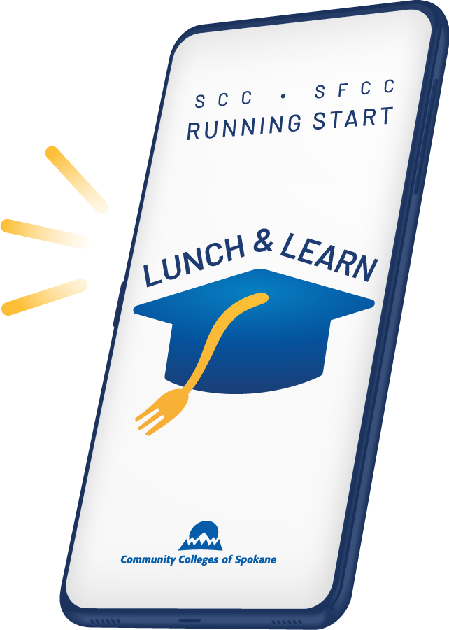 A smartphone with a graduation cap with a fork tassel advertising Lunch & Learn.