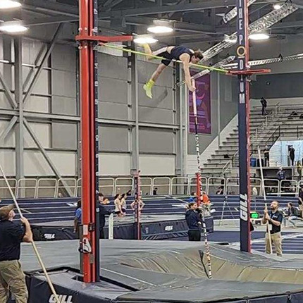 Gavin Hoskinson clearing 15 feet and 3 inches during the pole-vaulting competition at the Whitworth Invitational held at the Podium on January 28.