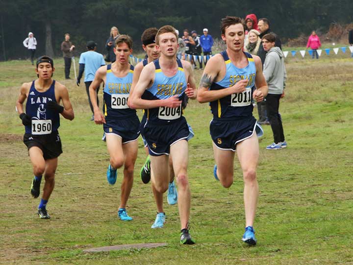 Men's cross country team running as a group on grass